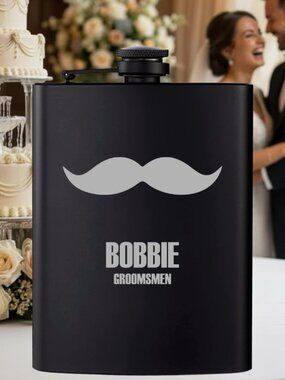 Mustache Groomsmen Bestman Black Flask I Wedding Gift